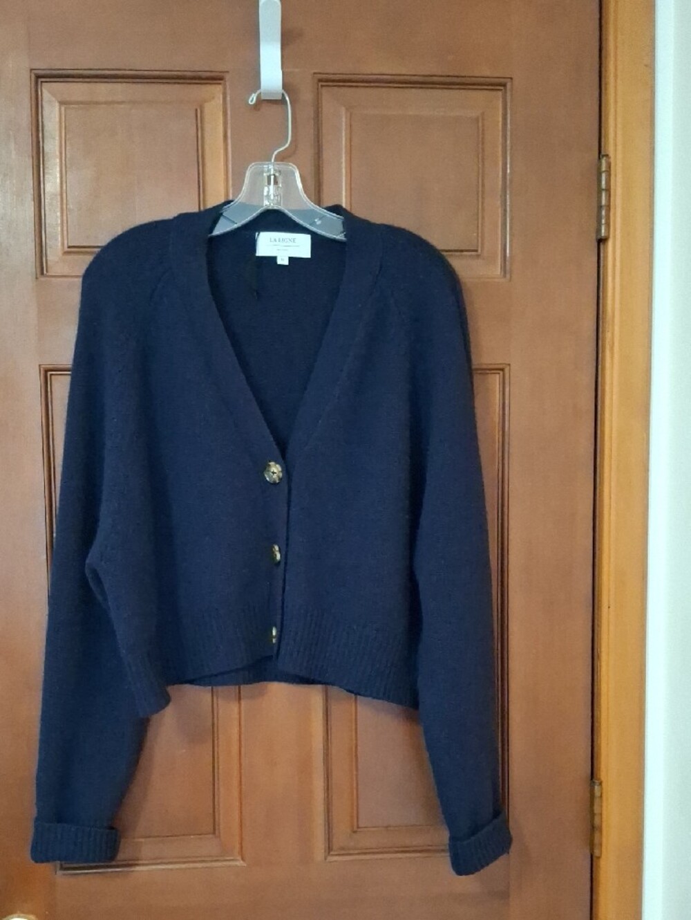 La Ligne Dark Navy V-Neck Cropped 100% Cashmere Tortoise Shell Button Cardigan